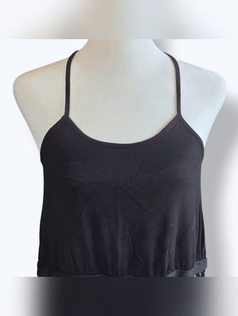 🟣 Rue21 Y2k Black Hanging Fringe Cropped Halter Strap Tank XSmall Mesh Fishnet - Picture 6 of 12